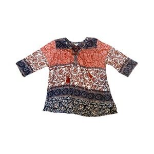 Lucky Brand Coral, Navy & White Boho Lace-Up Peasant Blouse
